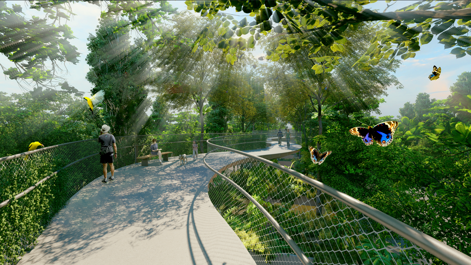 Elevated walkway through lush forest, with people, butterflies, and birds visible.